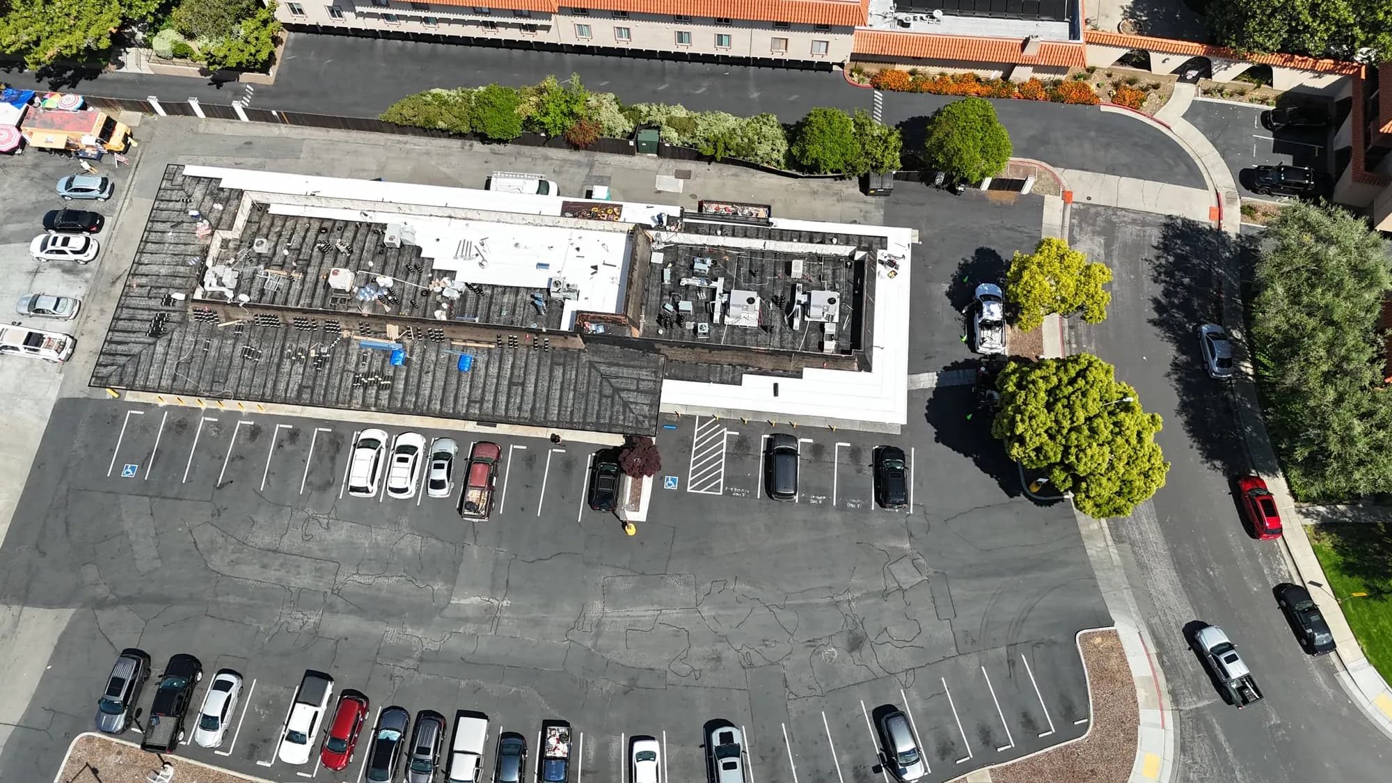 The center from above before its roof was recoated, dark and patched