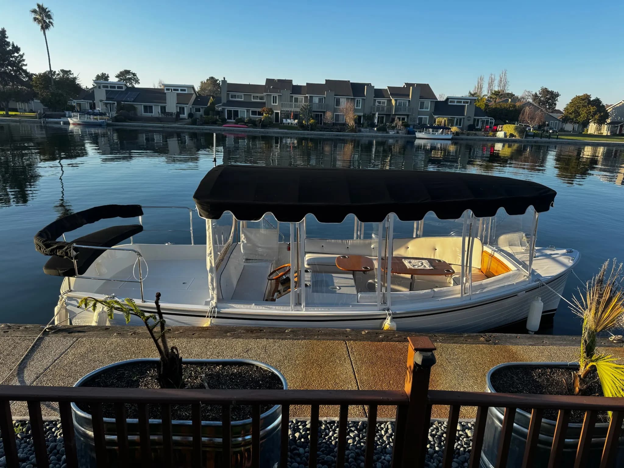 The Duffy boat moored at its dock at golden hour