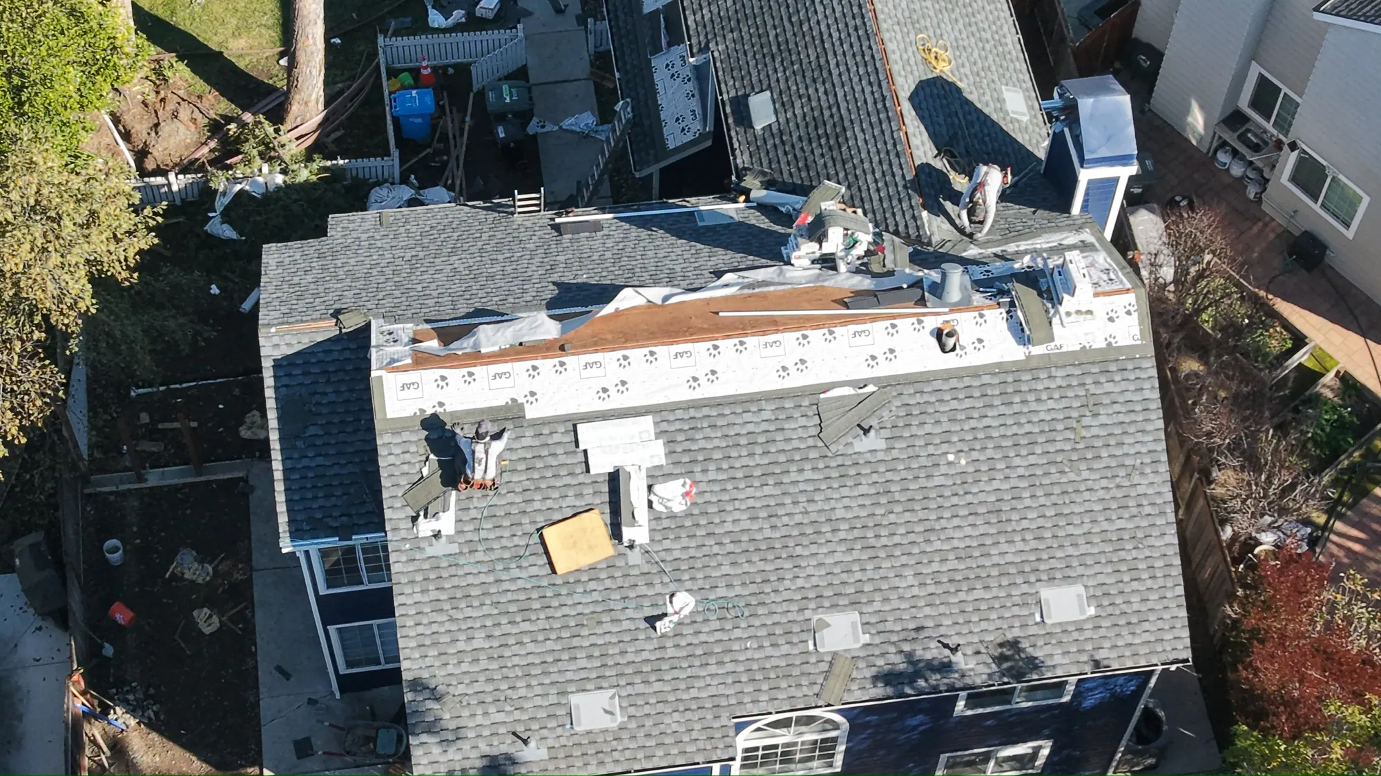 Roof replacement underway, seen from the drone