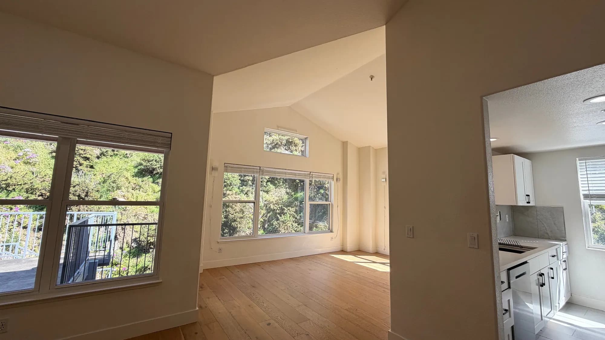 Living area open to the kitchen, with tall windows onto the trees